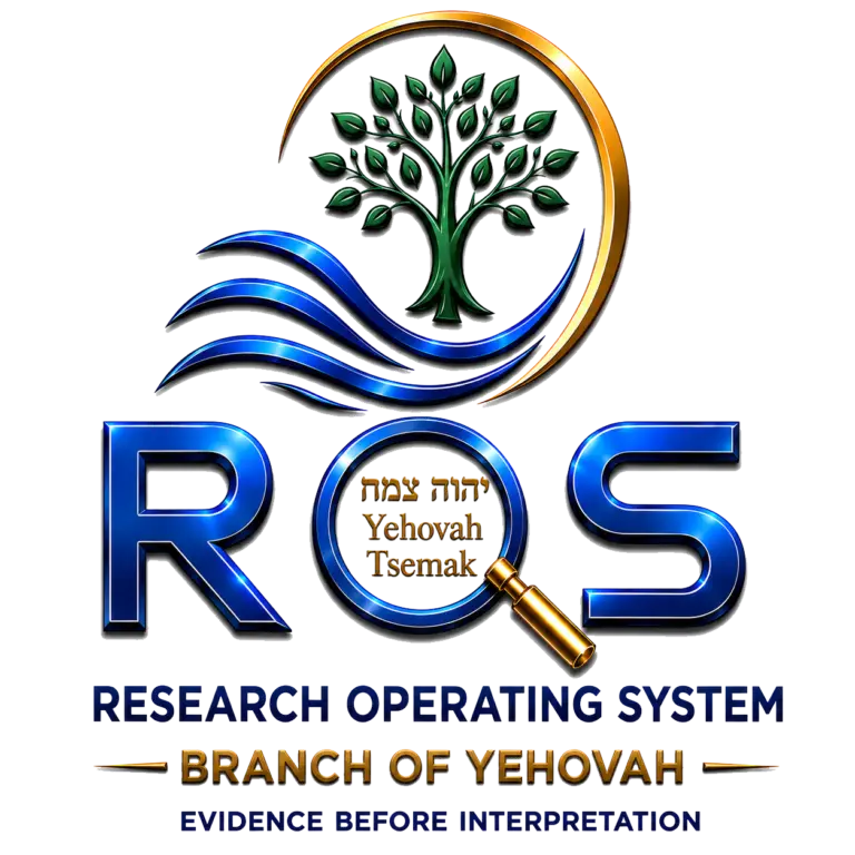ROS Research Operating System logo featuring a green tree, blue waves, gold accents, and a magnifying glass symbolizing evidence-based biblical research.